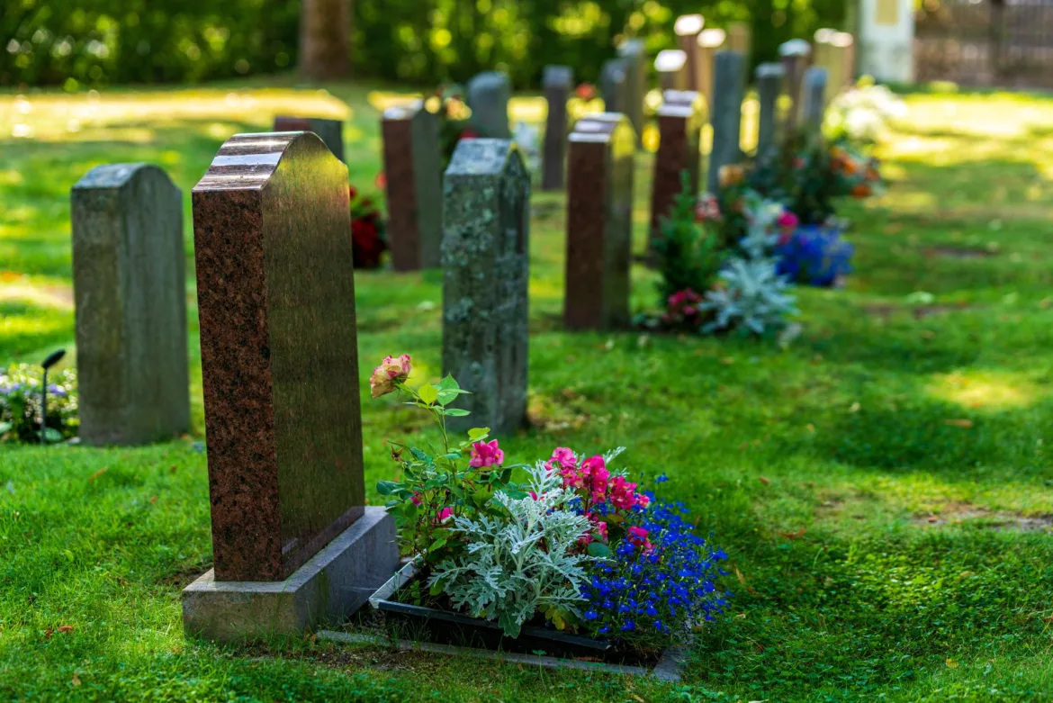 A pair of tombstone rows adorned with vibrant flowers.